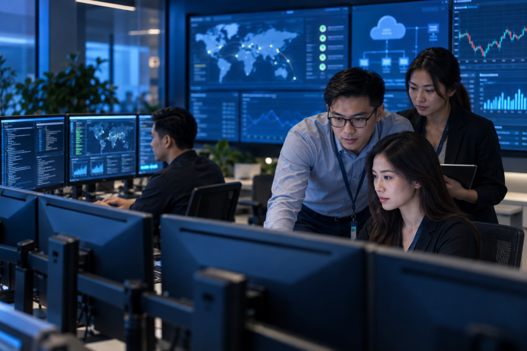 Financial-technology operations team monitoring cloud infrastructure, system performance and market-data services.