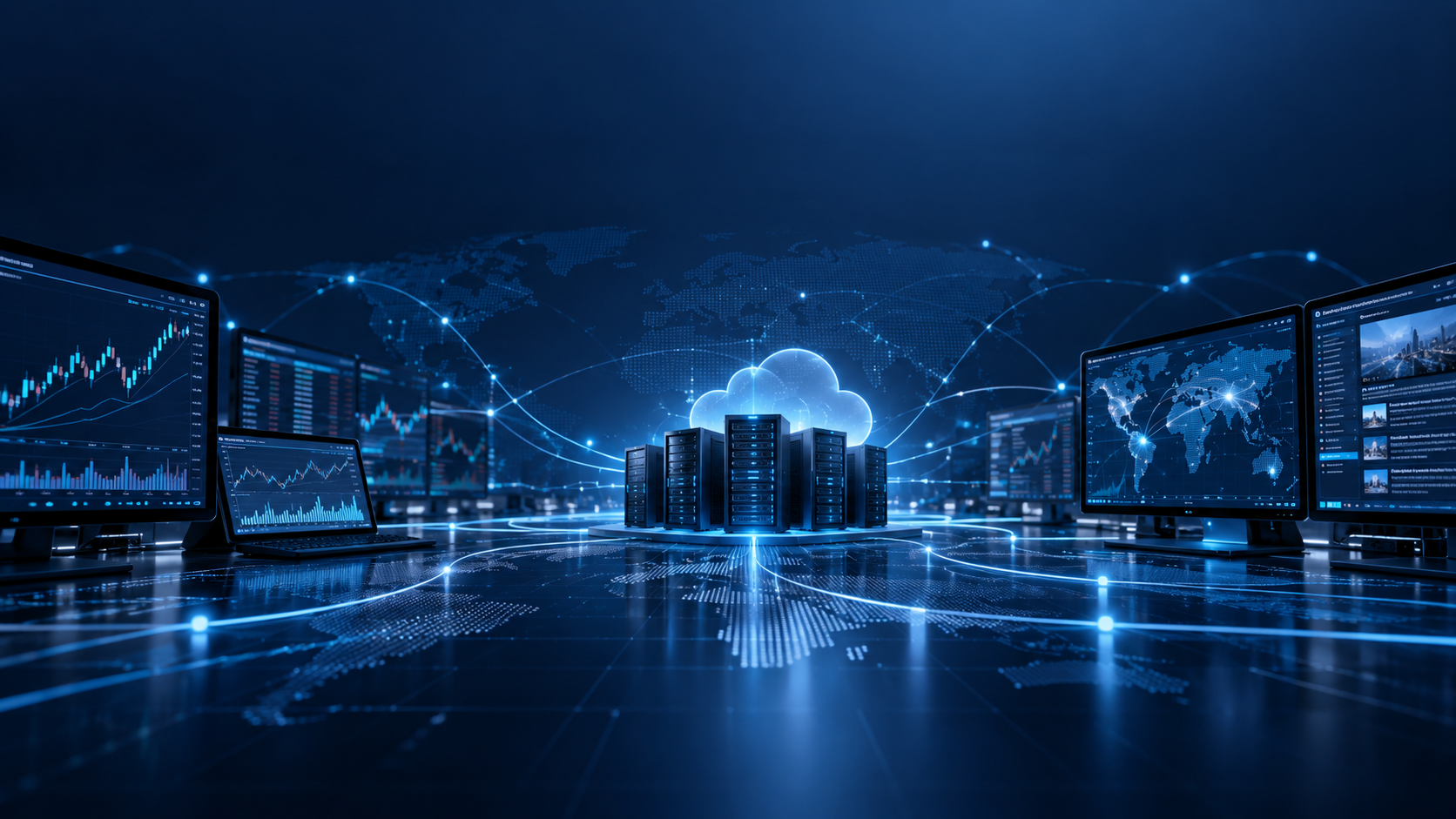 Financial technology platforms connected through global market data and cloud infrastructure.